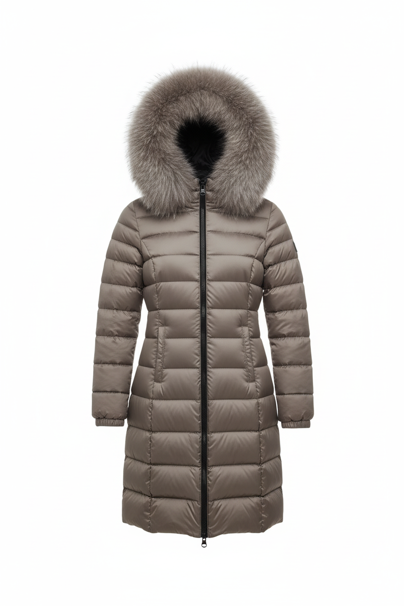 RefrigiWear Long Mead Fur Jacket W56118 - piumino donna lungo tortora con pelliccia